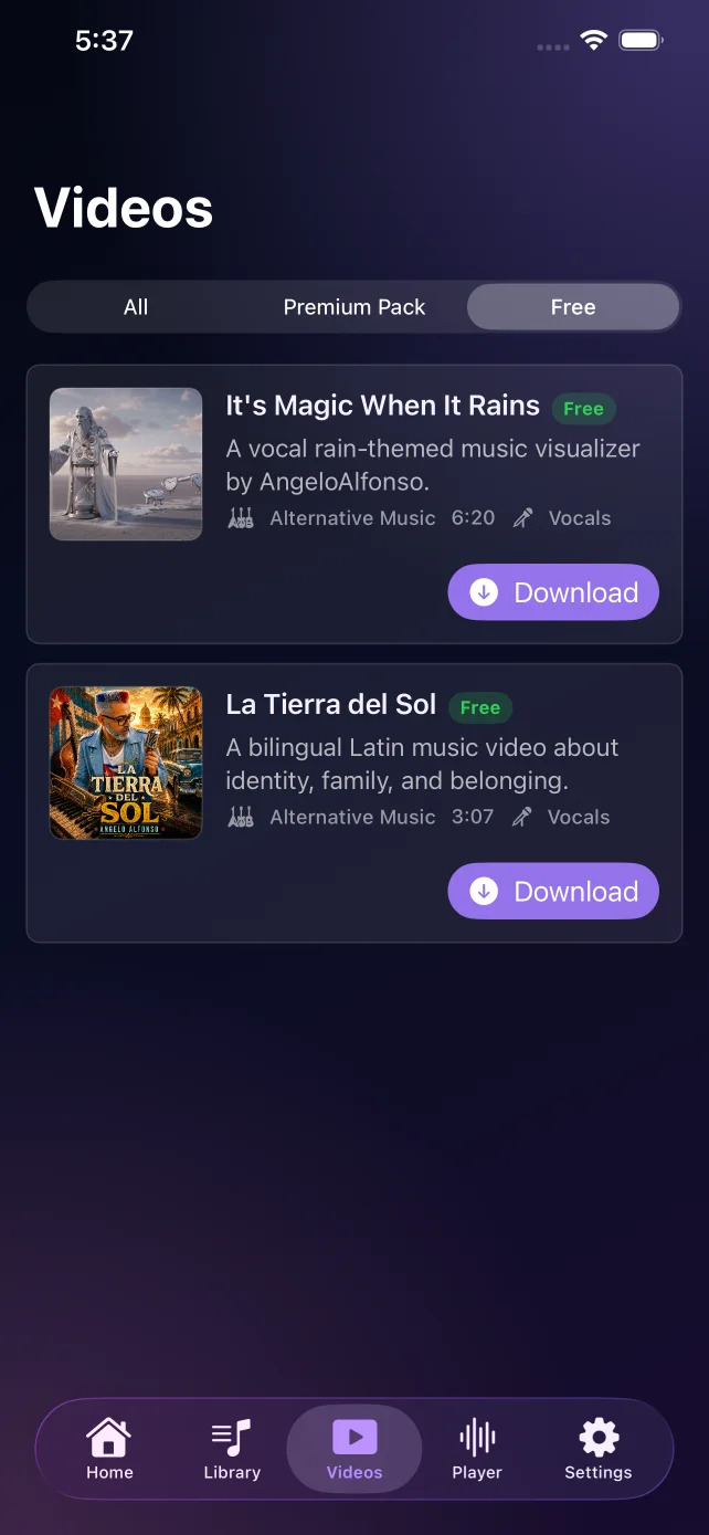 AngeloAlfonso free videos screen showing It's Magic When It Rains and La Tierra del Sol
